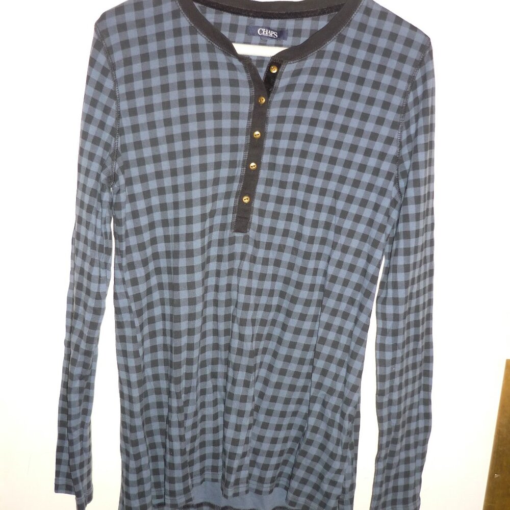 Chaps Shirt Womens Small Black Blue Gingham Check Henley Stretch Top Blouse
